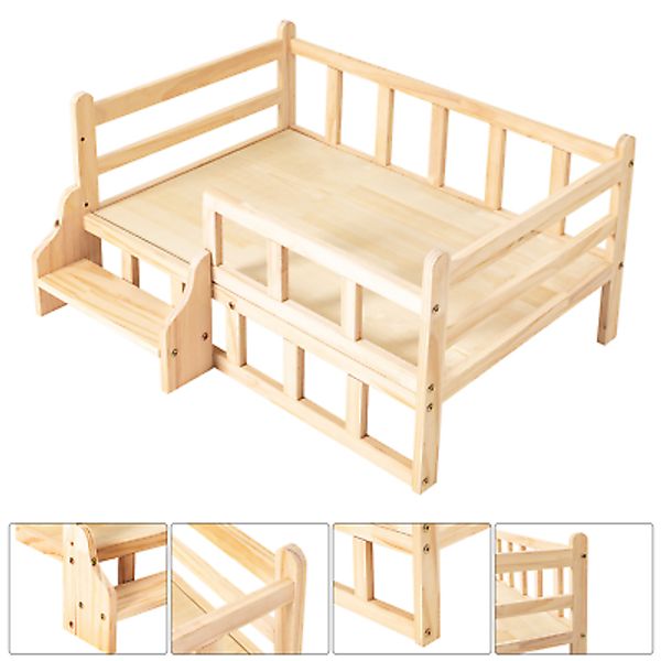 Solid Wood Pet Bed,Wooden Dog Cat Bed Frame Pet Furniture W/Stairs+Anti-Slip Pad