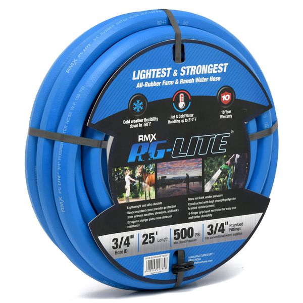 AG-LITE BSAL5810 5/8" x 10' Hot/Cold Water Rubber Garden Hose, 100% Rubber, Ultra-Light, Super Strong, 500 PSI, 50F to 190F Degrees, High Strength Polyester Braided