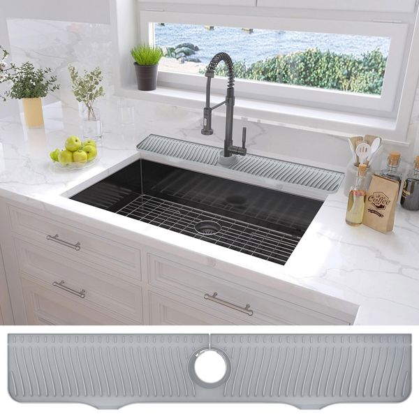 Kitchen Sink Splash Guard, 32"x 5.5", Silicone Faucet Splash Guard, Longer Silicone Sink Mat for Kitchen, Bathroom, Laundry Room, Farmhouse, Bar & RV (Gray)