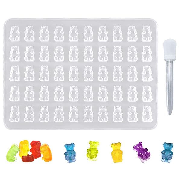 LIANHATA Bear Silicone Mold Translucent Epoxy Resin Soft Mold Mini 50 Cavities Cute Accessories Pendant DIY Handmade Piercing Pendant UV Resin Die with Pipette (B)