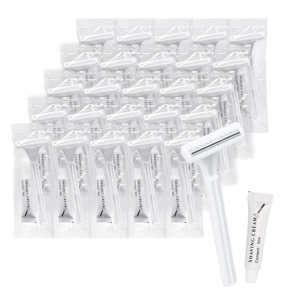 Disposable Razors in Bulk, Bulk Razors with Knife Cap, Individually Packaged Disposable Razors Bulk with Shaving Cream for Hotels, Shelters, Homeless, Nursing Homes, Charities, White (30)