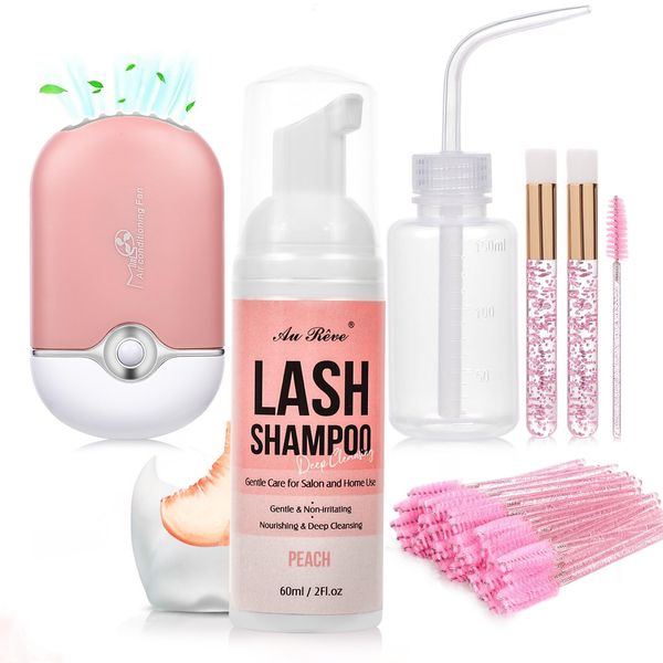 AuReve Lash Shampoo for Lash Extensions 60 Ml/2fl.oz Eyelash Extension Cleanser with Lash Fan Lash Cleaning Kit, Gentle Foaming Eyelash Shampoo with Brush and Wash Bottle for Salon Home Care Peach