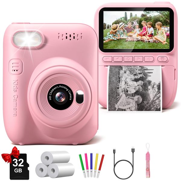 Instant Print Camera for Kids, 3.0" HD 32MP Kids Camera 1080P Digital Camera with 3 Rolls of Printer Paper, Toddler Camera Birthday Gifts Toy for 3-12 Year Old Girls Boys with 32GB SD Card-Pink