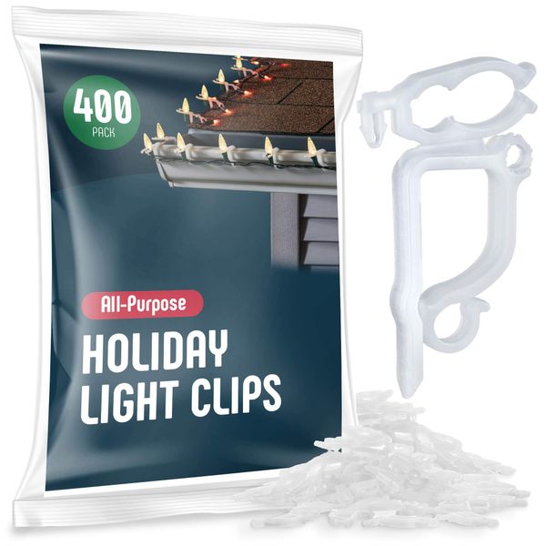 All-Purpose Holiday Light Clips [Set of 400] Christmas Light Clips, Outdoor Light Clips - Mount to Shingles & Gutters - Works with Mini, C6, C7, C9, Rope, Icicle Lights - No Tools Required - USA Made