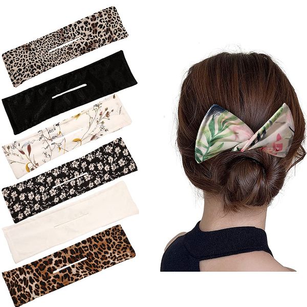 6Pcs French Twist Deft Bun Hair Bun for Women, Magic Donut Hair Bun Maker Hairstyle Bun Shaper Cloth Hair Clip Reusable Bun for Hair (Leopard, Floral, Solid D)