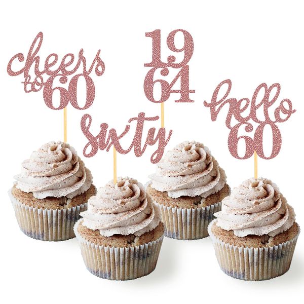 24 Pcs Glitter 60th Birthday Cupcake Toppers for Celebrating Sixty Years Old Birthday Party Decorations (Rose Gold)