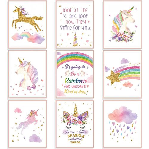 9 Pieces Unicorn Rainbow Wall Art Prints Unframed Watercolor Unicorn and Rainbow Posters for Girls Kids Bedroom Nursery Decorations