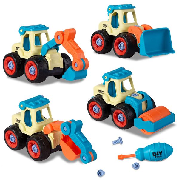 Beach Sand Toys for Toddlers Age 3-5,Outdoor Sandbox Toys, Kids Toys for 2 3 4 Year Old Boys, Stem Take Apart Construction Toys Truck, Excavator, Bulldozer, Ground Drill, Road Roller (Blue)