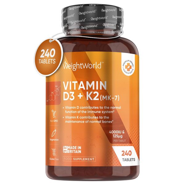 Vitamin D3 K2 MK7-8 Months Supply (240 VIT D3 & K2 Tablets) - Vegetarian Vitamin D 4000IU & 125ug K2- High Strength Vitamin D Supplement for Women & Men - D3 and K2 Vitamin for Bone & Immune System