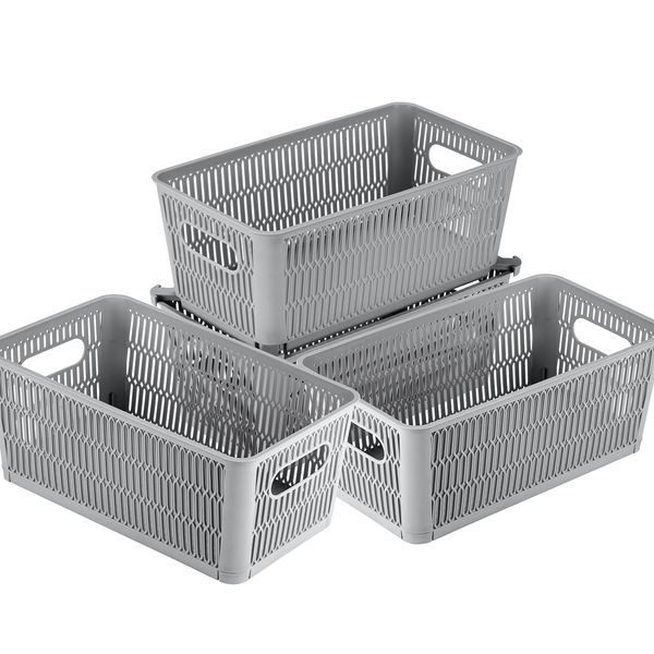 Simplify 4Pk Small Slide 2 Stack It Tote Basket | Storage & Organization | Open Bins with Stackable Capability | Bathroom | Crafts | Pantry | Playroom | Office | Grey