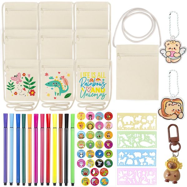 BITOYO 10 Stück Stoffbeutel zum Bemalen für Kinder, 12 Buntstift, 4 DIY Malschablonen für Basteln Kindergeburtstag Kosmetiktasche Aufbewahrung, für Geburtstagsfeiern und Schulaktivitäten
