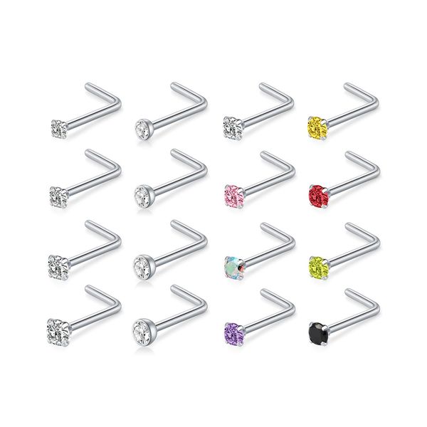 D.Bella 18G L Shaped Nose Studs Surgical Stainless Steel 1.5mm 2mm 2.5mm 3mm CZ Nose Rings Studs Silver Nose Rings for Women Nose Nostrial Piercing Jewerly