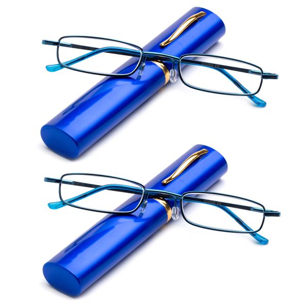 2 Packs Pocket Readers Ultra Slim Compact Reading Glasses Spring Temple w/Portable Pocket Clip Aluminum Case Blue +3.50