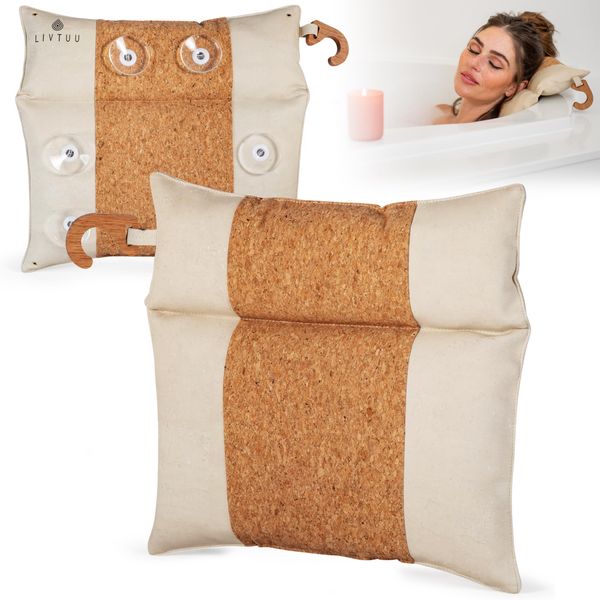 Luxury Cork Bathtub Pillow for Soaking Tub - Soft Bath Pillows for Tub Neck and Back Support with Comfortable Cushions - Easy Clean, No Scratch Bath Cushion Spa Pillow Headrest - 13.78" x 13.39"