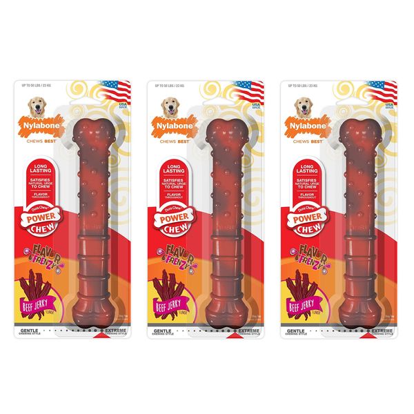 Nylabone 3 Pack of Power Chew Textured Chew Toys, Giant, Beef Jerky Flavor Bone for Dogs Up to 50 Pounds, Made in The USA