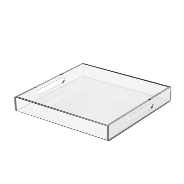 NIUBEE Acrylic Serving Tray 15x15 Inches -Spill Proof- Clear Decorative Tray Organiser for Ottoman Coffee Table Countertop with Handles