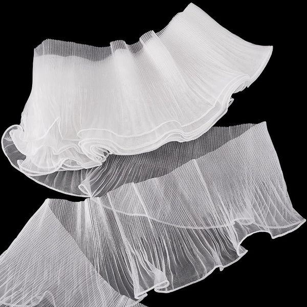 PH PandaHall 7 Yards/6.4m Sewing Lace Trim Fabrics, Ruffle Pleated Chiffon Trim Retro Organza Tulle Fabric Ribbon for DIY Wedding Dress Makeup Show Costume Curtain Table Cloth Home Decor, White