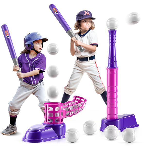 NIPLOOOW 2 in 1 T Ball Sets for Kids 3-5,Tee Ball Set with 10 Balls,Step on Pitching Machine,Teeball Batting Tee,Baseball Toys Outdoor/Indoor Sport Toys Gift for 3 4 5 6 7 8 Year Old Kids Girls