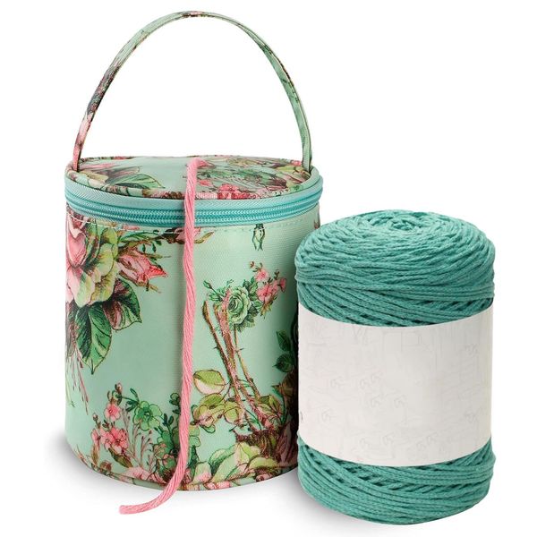 OUZHOU Yarn Bag, Knitting Bag, Yarn Storage Organizer Mini Yarns Drum Knitting Bag for Carry Crochet Hooks, Short Knitting Needle, Skein Yarn, Knitting & Crochet Supplies-Green