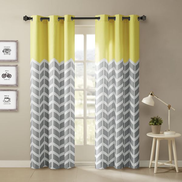 Intelligent Design Yellow in Grey Chevron Printed Curtains for Living Room or Bedroom, Modern Contemporary Grommet Room Darkening Curtains, 42x84, 2-panel pack