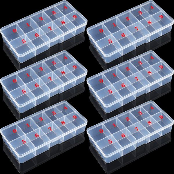 6 Pieces Nail Art Tip Storage Organizer Box with 10 Number Empty Spaces Transparent False Nail Tip Storage Case Container Clear Plastic Grid Box for Fingernail Crystal, Jewelry, Nail Accessories