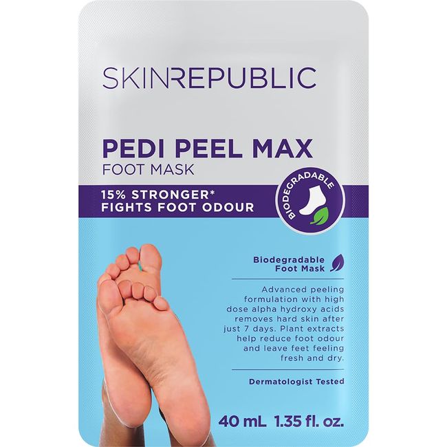 Skin Republic Pedi Foot Peel Max 15% stronger acids removes severely dry skin and cracked heels.