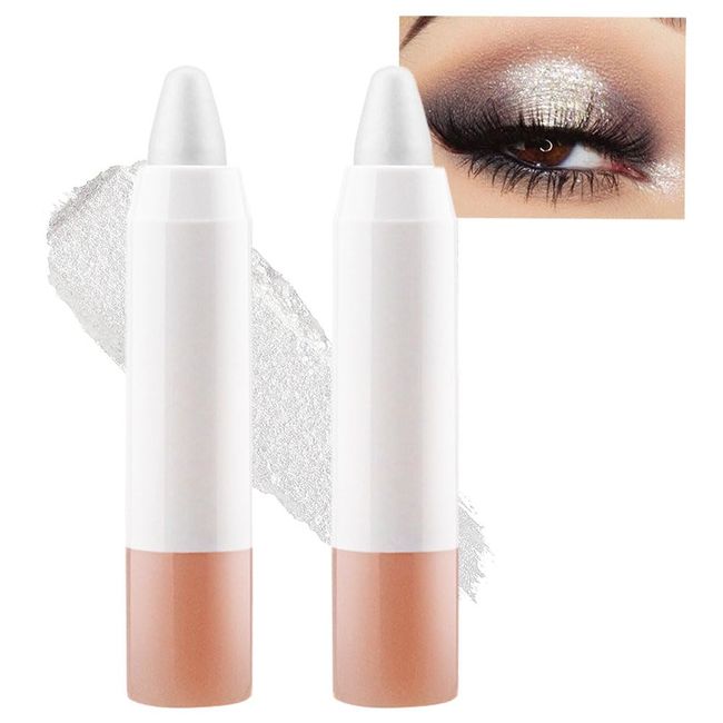 BINGBRUSH 2 Pcs Pearl White Cream Eyeshadow Stick, Shimmer Silver Eye Shadow Pencil, Eye Brightener Crayon for Different Eye Makeup Effect, Easy-to-Apply and Compact for Travel