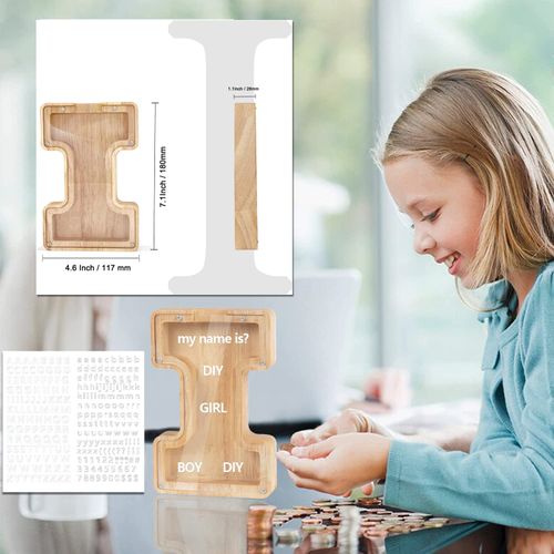 Mikytoper Wooden Letter Money Box, Personalised Piggy Bank, Money Jar for Kids, Creative Clear Money Bank for Birthday Gift/Home Decoration/Keepsake (I)