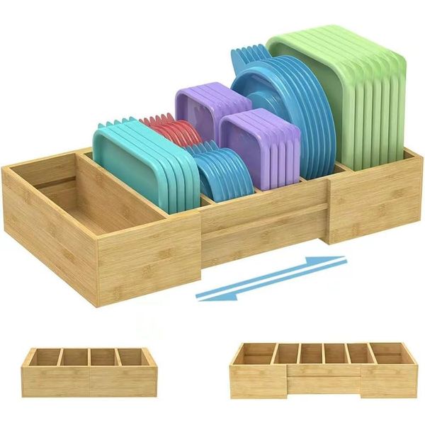 Expandable Bamboo Food Container Lid Organizer for Cabinet, Adjustable Divide...