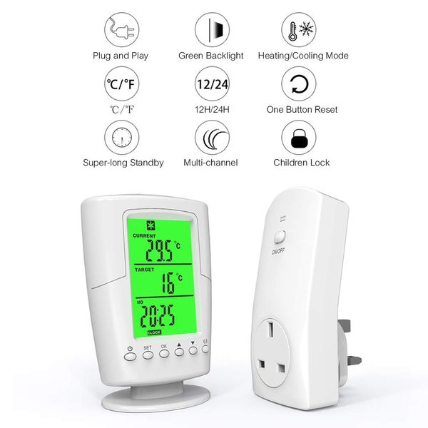 Wireless Remote Thermostat,Decdeal Smart Programmable Temperature Controller RF Plug in Socket Heating Cooling Program Temperature Controller for Heater/Cooler/Fan/Electric Fireplace Heater