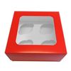 The Box Trader 10 x New Red Cupcake Boxes, Holds 4 Cupcakes, Rectangular with Circular Inserts, 7" x 7" x 3", Festive, Cupcake Boxes