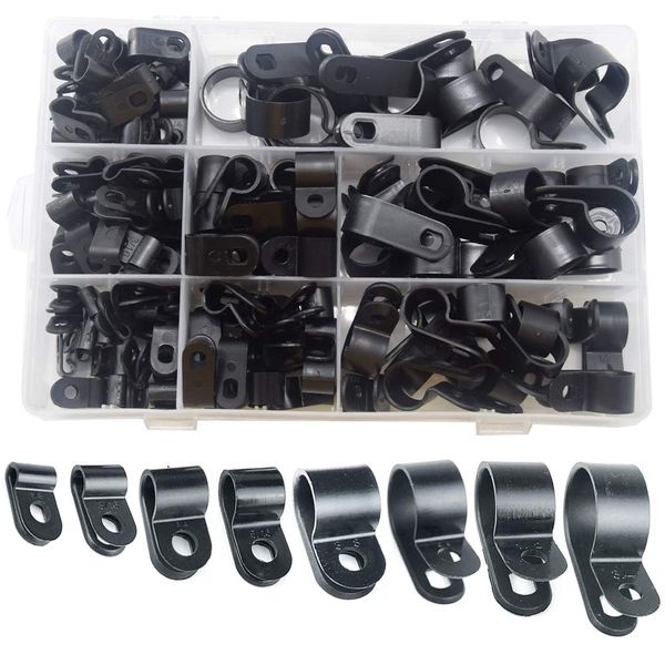 CEEYSEE 160 Pcs Nylon R-Type Cable Clip Fastener Wire Clamp Screw Mounting Electrical Grip Wire Clips with 1/8", 3/16", 1/4", 5/16", 3/8", 1/2", 5/8", 3/4" Black