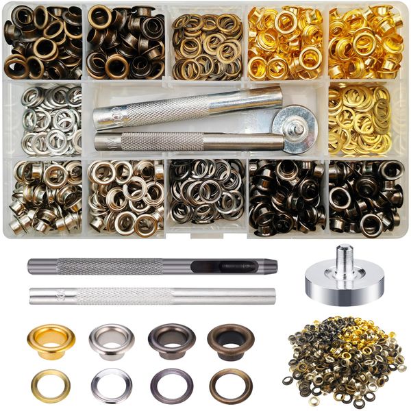 520 Sets Eyelet Punch Kit, 6mm 4 Colors Eyelet Grommet Kit, Brass Metal Eyelets with 3Pcs Setting Tools for Canvas, Tarpaulin, Leather, Tent, Awning, DIY Craft Fabric