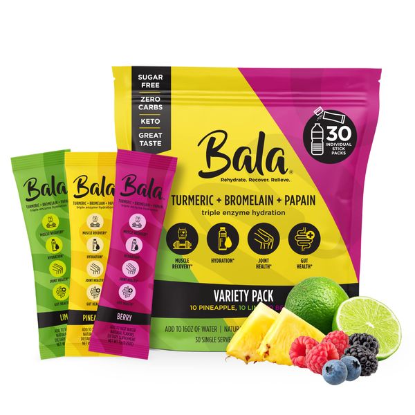 BALA Hydration Turmeric Drink Mix Packet|Sugar Free Electrolyte Powder, Muscle Recovery, Immune Support, Joint Relief|Zero Sugar, Plant-Based Enzymes, Bromelain, Papain, Curcumin(Variety 30 Pack)