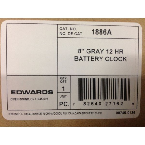 Edwards Cat# 1886A 8" Gray 12HR Battery Clock