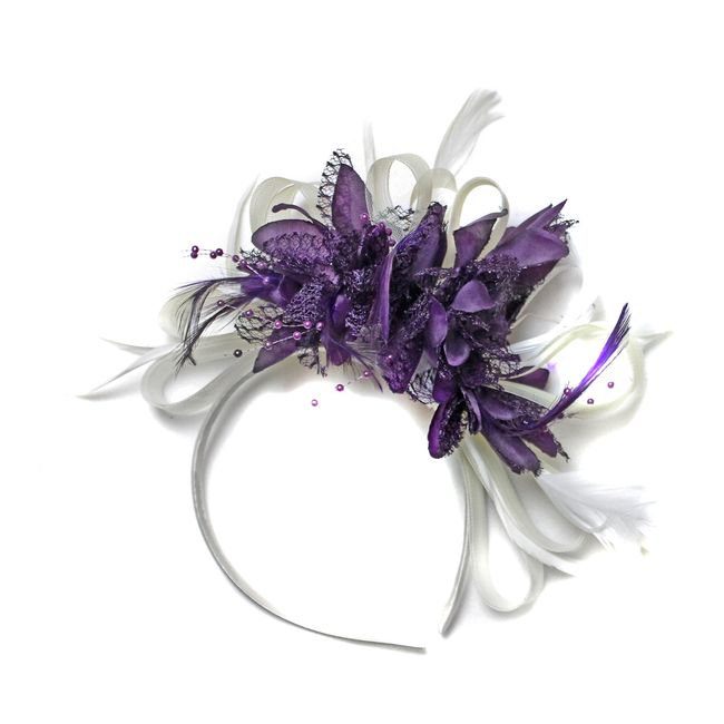 Caprilite Fashion White and Purple Fascinator Headband Net Hoop Feather Hair Wedding Royal Ascot Races