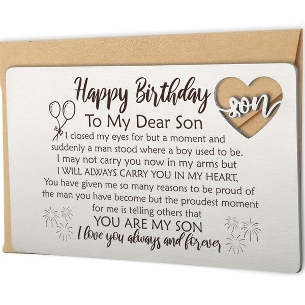 YODOCAMP Happy Birthday Son Gifts, Son Birthday Card from Mom, Metal Engraved Greeting Card for Son Birthday, Son Wallet Insert Card from Parents