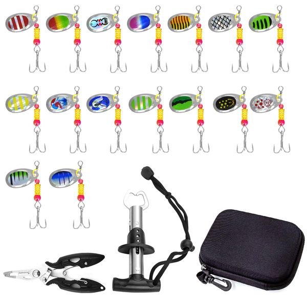 16 Piece Swivel Fishing Accessories Set with Fish Controller and Bait Pliers, Spinner, Blinker, Trout Bait, Pike Bait, Favourite Bait