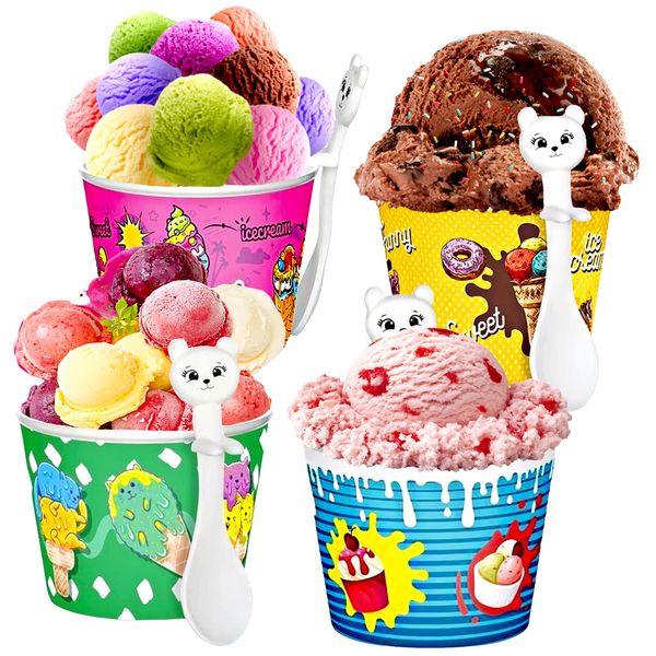 Plastic Kid Ice Cream Cup with Cat Design Spoon 100% BPA Free Wonderful Party Reusable Dessert Sundae Frozen Yogurt Bowls Tubs Tableware for Kids, Birthday Party & Children Set of 4