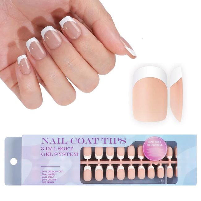 DMQ French Tip False Nails, 300Pcs French Press On Nails Short, Nude Square X-coat Tips Fake Nails, Full Cover Stick On Nails for Women French White Tip Nail Art - 15 Sizes (Nude French Square)