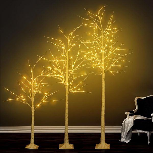 3PCS Lighted Birch Tree,4FT 6FT 8FT Birch Tree w/Fairy Lights Home Holiday Decor