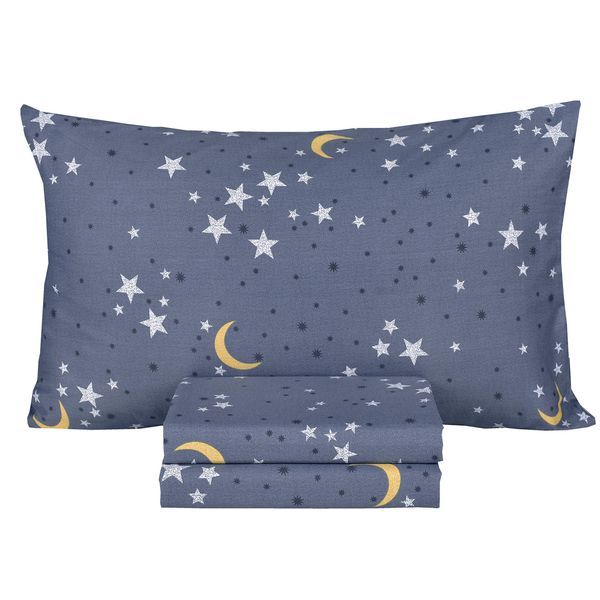 Scientific Sleep Moon & Stars Boys Girls 100% Cotton 3 Pcs Twin Bed Sheet Set Kids Toddler Teen, Flat Sheet & Fitted Sheet & Pillowcase Kids Bedding Set