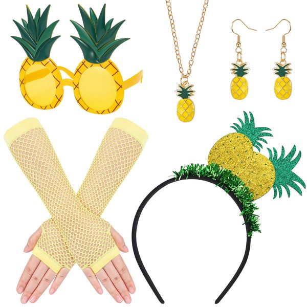 HOWAF Pineapple Costume Pineapple Headband Pineapple Hat Hawaiian Headband Pineapple Glasses Pineapple Sunglasses Hawaiian Glasses Gloves Pineapple Necklace Earrings for Hawaiian Pineapple Fancy Dress