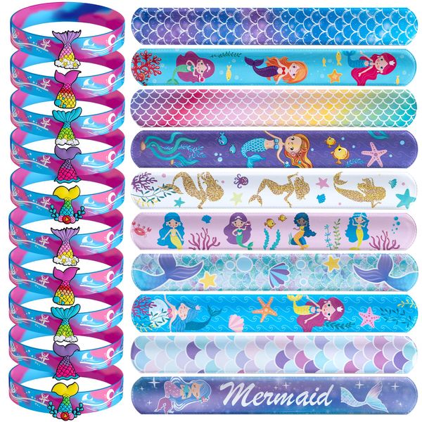 DMIGHT Mermaid Party Favors 30 Pcs Silicone Wristband Slap Bracelets Goody Bag Favors for Boys Girls Mermaid Birthday Party Under The Sea Themed Baby Shower Supplies