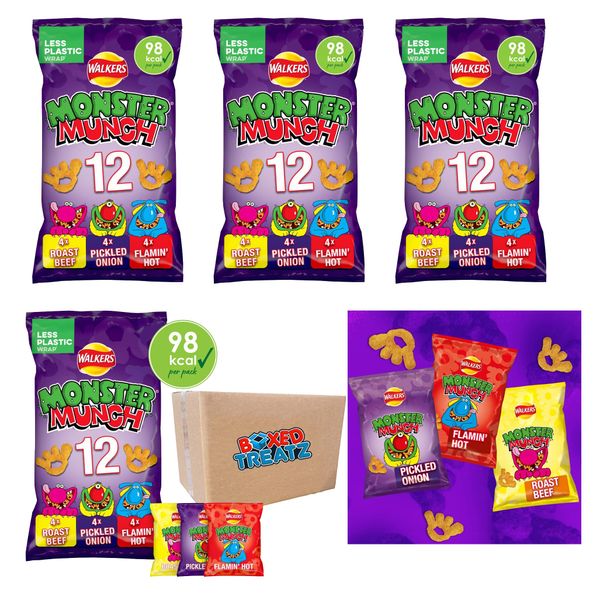 Walkers Monster Munch Multipack 48X20g Contains 3 Flavours Pickled Onion Flavour Roast Beef Flavour Flamin' Hot Flavour Baked Corn Snack Baked Crisp Bundle Boxed Treatz