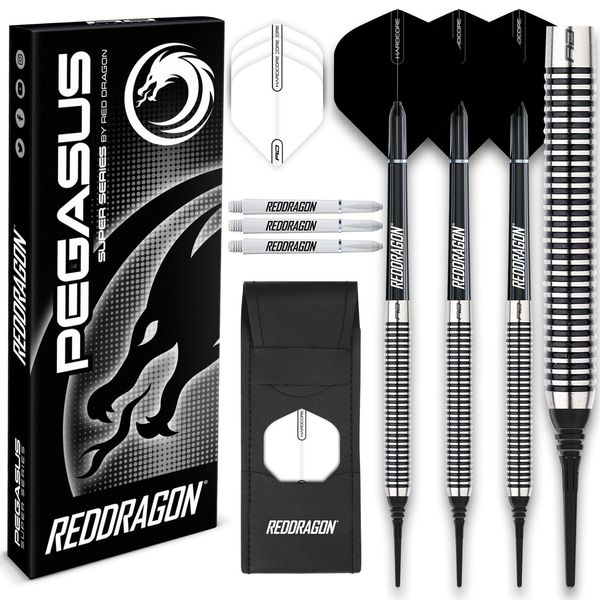 RED DRAGON Pegasus Soft TIP Darts Set - 18 Gram - Black Stems and Black Flights