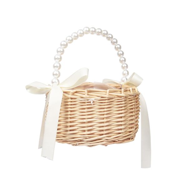 Wicker Flower Girl Basket for Weddings, Rattan Flower Basket Handmade Flower Girl Basket with Handle and Ribbon, Candy Basket For Wedding Party