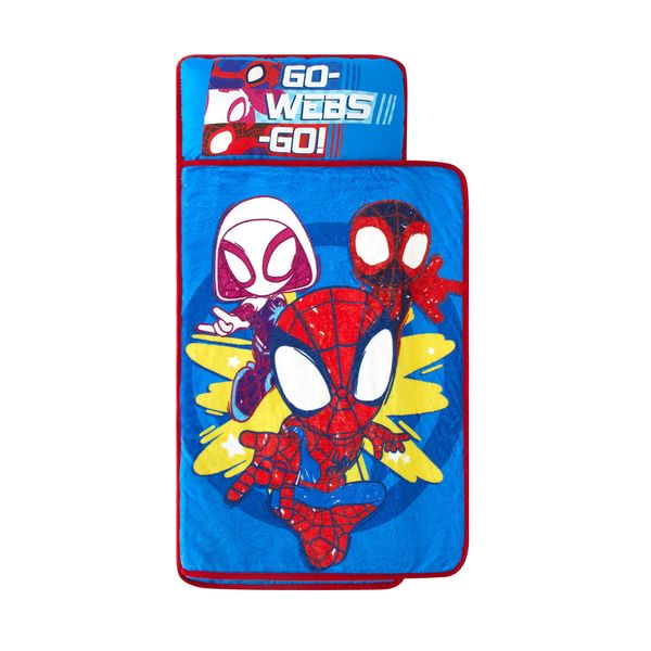 Idea Nuova Spidey and His Amazing Friends Toddler Quilted Nap Mat with Built in Blanket and Pillow, 20" Wx46 L, Spidey and Friends