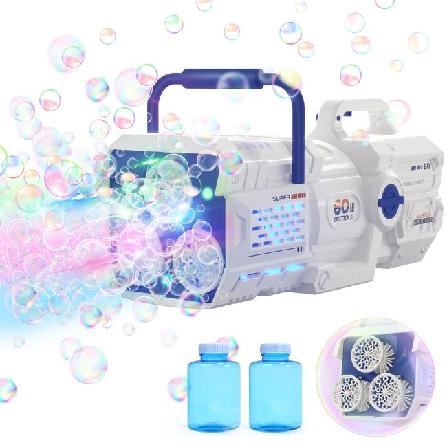 Bubble Gun, 60 Bubble Holes, Electric, Skirfy 2 in 1 How to Play, Bubble Bazooka, Super Large Amount, LED, Glowing, 2 Bottles, Leak-proof, Bubble Machine, USB Rechargeable, For Kids, Adults, Bazooka