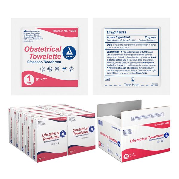 Dynarex 1302 Obstetrical Towelette, Benzalkonium Chloride Wipes with 5% Alcohol, Pre-Moistened, Scented & Individually Wrapped Sanitizing Wipe, 5" x 7", Pack of 1000